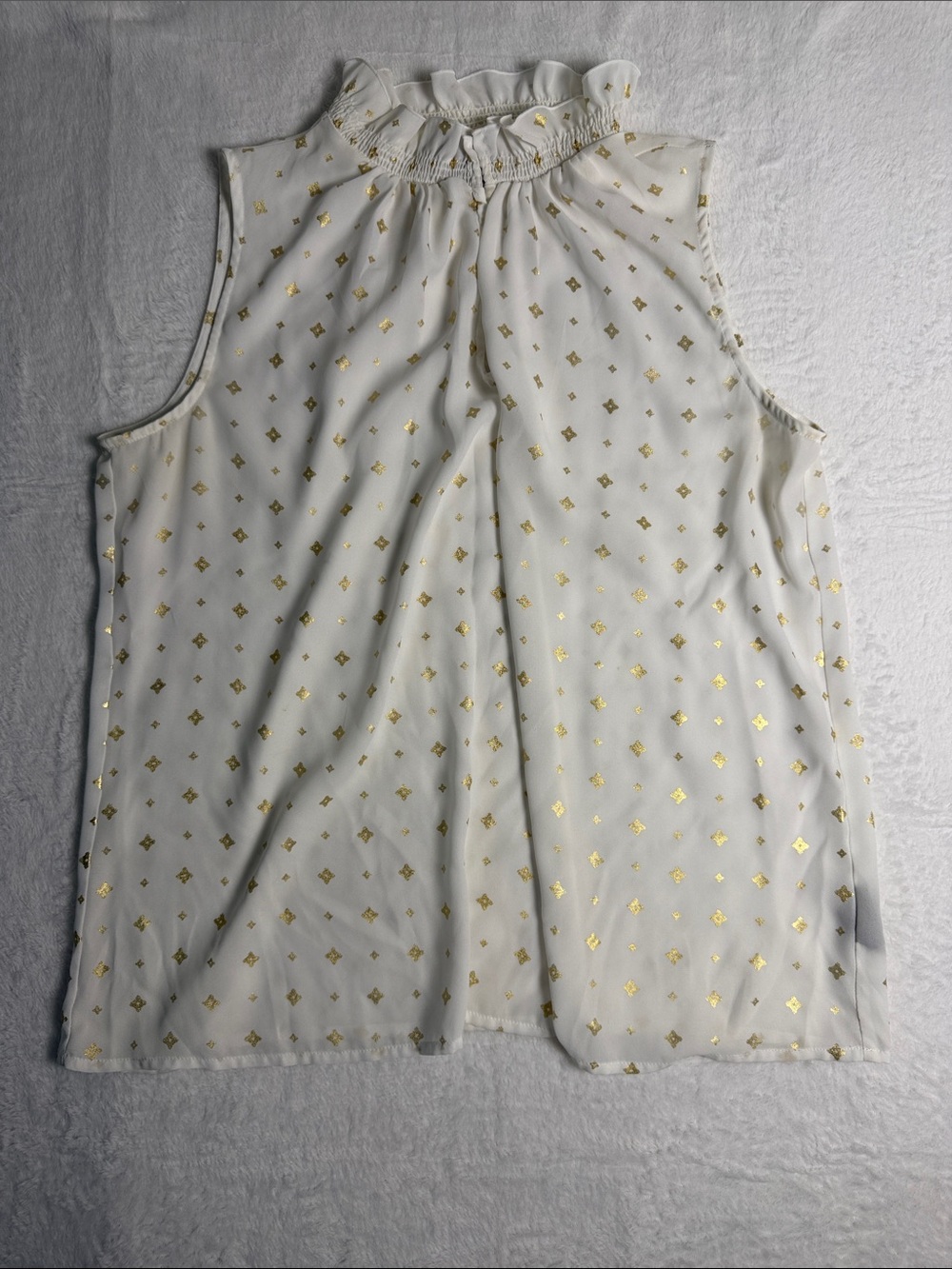 Sleeveless White Gold-Print Ruffle Neck Blouse Size Large